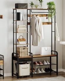 HaluPeit Coat Rack With Bench, Wardrobe With 3-Tier Shoe Bench And 1 Drawer, 5-In-1 Clothes Rack With 17 Hooks, 1 Hanging Rod, 4-Tier Side Shelves, Brown And Black - Rust Brown - View 3