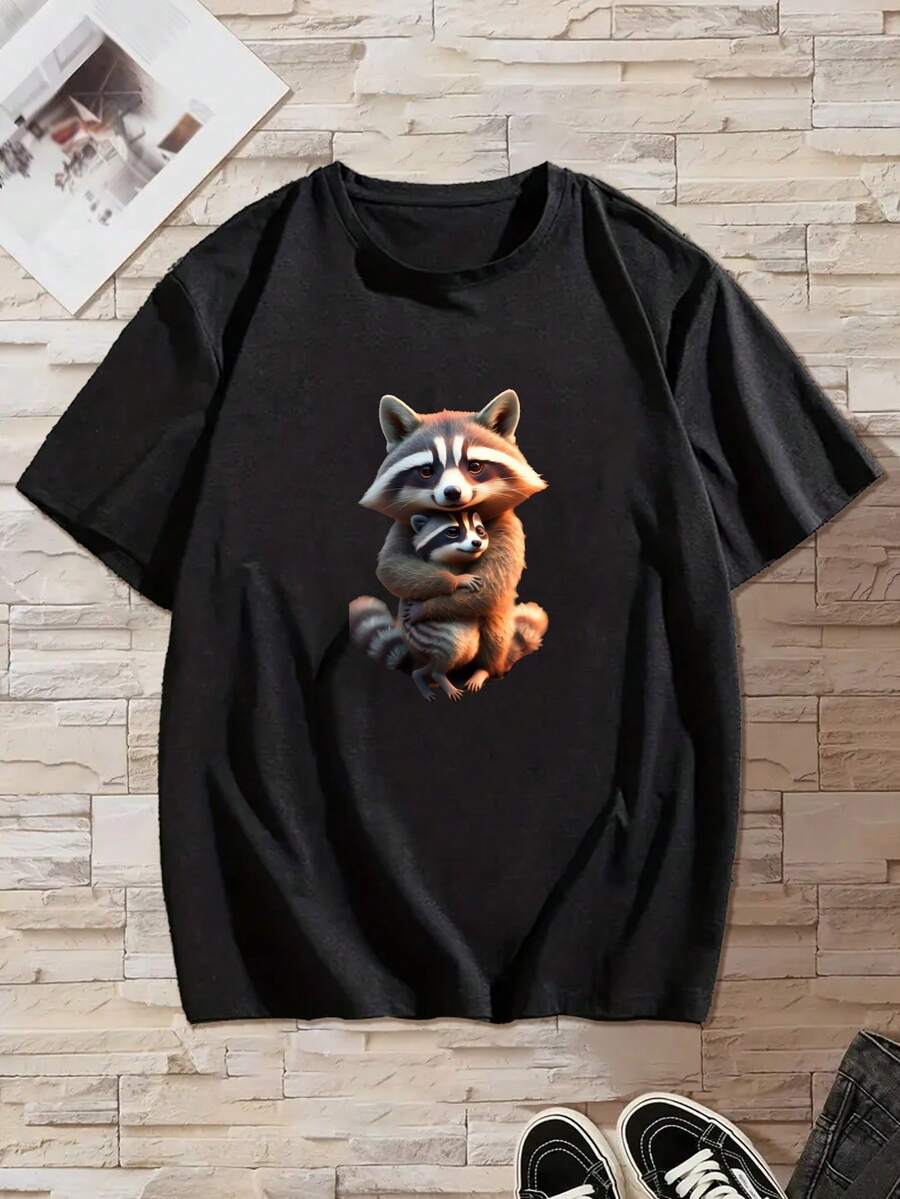 Men's Casual Raccoon Print T-Shirt - Soft Polyester, Crew Neck, Short Sleeve, Machine Washable - Perfect For Summer & All Seasons - Black - View 1