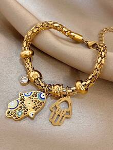 1pc Luxury Vintage Hamsa Hand Pendant Bracelet, 18K Gold Plated Stainless Steel, Enamel Crafted, Adjustable Chain, Elegant & Mysterious, Suitable For Mother's Day, Christmas, Thanksgiving, Carnival, Wedding, Rave Party/Ball, Daily Wear, Also Great For Anniversary, Valentine's Day, Boho Jewelry, Birthday, Bridesmaid Gift - Multicolor - View 7