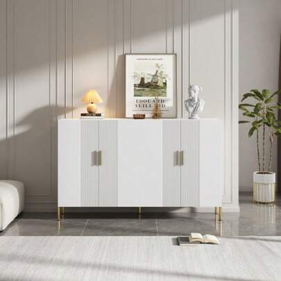 Modern, Simple, White Matte, Multifunctional Storage Cabinet With 4 Open And Closed Doors, Dining Room Cabinet, Gold Decoration, 160*35*100cm
