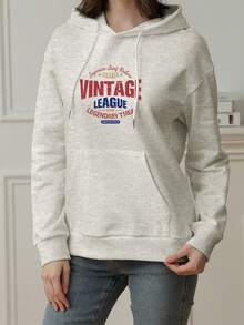 宽松字母印花保暖内衬卫衣 - 淺花灰 - 查看 2