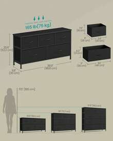 SONGMICS Dresser For Bedroom, Chest Of Drawers, Steel, MDF, 5 Non-Woven Fabric Drawers, Storage Organizer Unit, Closet, Entryway, Ink Black And Ebony Black - 黑色 - 查看 2