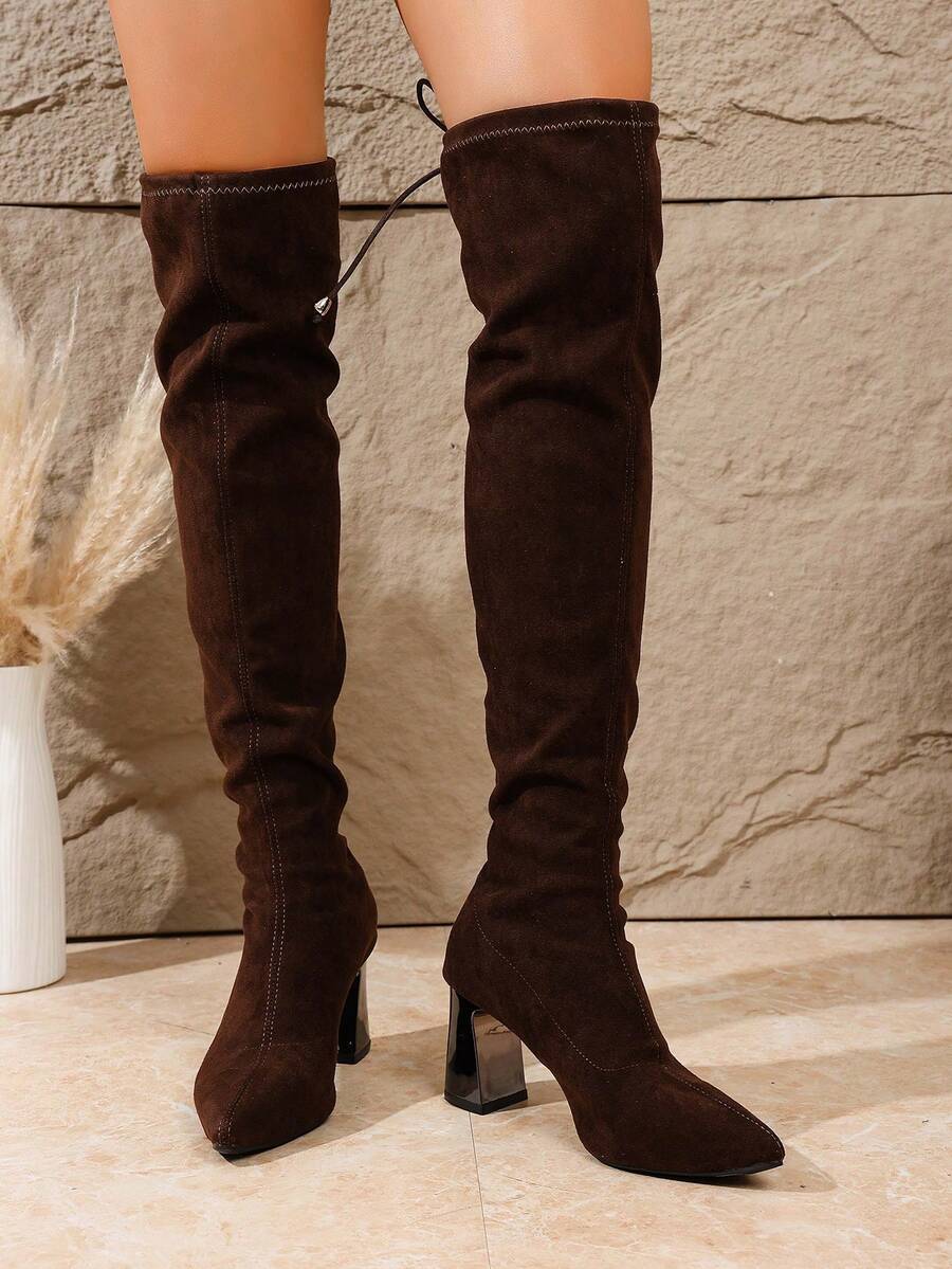 Women's Retro Fashion Sexy New Elegant Comfortable Chunky Heel Knee-High Boots, Autumn/Winter - Brown - View 1