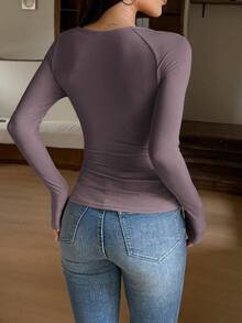 Áo thun dài tay cổ tròn nữ tính mùa hè, phối ren, kiểu dáng ngọt ngào, tối giản, phù hợp cho học sinh. - Bụi tím - Xem 11