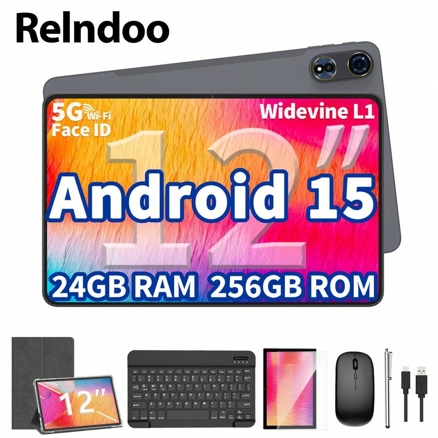 Relndoo 12 Inch Android 15 Tablet, Tablet PC With Keyboard And Mouse, 24GB RAM+256 ROM, Android Tablets, T615 Octa-Core CPU, 2K 2000x1200 IPS HD Display, 8MP+16MP Dual Camera, 8000mAh, Expandable To 1TB, 802.11n Wifi 2.4G/5G Wireless, GPS, Certified Tablet PC, Free Keyboard, Mouse, Stylus, Leather Case, Protective Film, Data Cable (No Adapter)-Grey - 灰色 - 查看 1