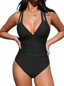 Women's Swimsuit Tummy Control Deep Double Straps Crisscross Back Tie Bathing Suit, 2025 Swimwear - màu đen - Xem 12
