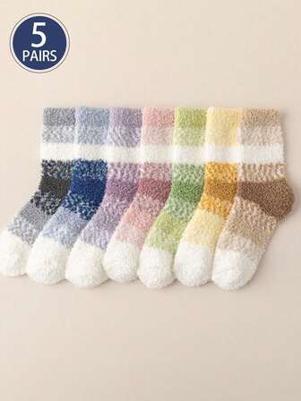 5 Pairs (Random Colors) Women's Striped Patchwork Thick Warm Floor Socks, Suitable For Autumn/Winter, Indoor & Sleeping