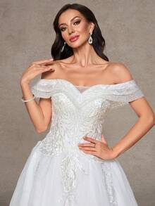 Women's Off-Shoulder Elegant Lace Ball Gown Wedding Dress, Formal Floor-Length Bridal Gown - White - View 6