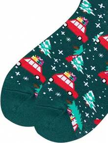 1 par de calcetines de media caña con estampado de coche de Navidad de dibujos animados, unisex, adecuados para Navidad - Multicolor - Ver 6