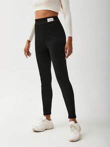 女士休闲保暖打底裤，加厚慢跑裤高腰保暖紧身裤 - 黑色 - 查看 3