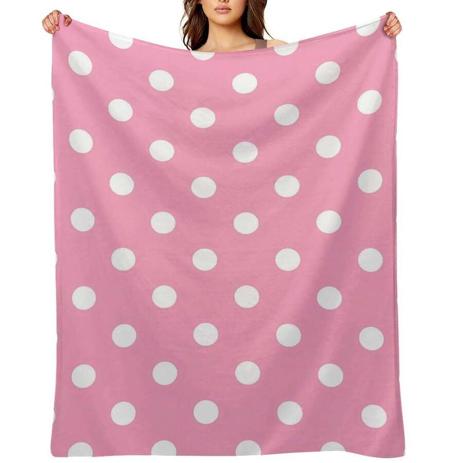 "Pink Polka Dot" Flannel Blanket, Ideal For Retro Fans And Sweet Style Lovers, Soft & Classic. - 白色 - 查看 1