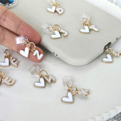 White Heart Shape 26 Letter Dust Plug, Letter Heart Shape Phone Earphone Charging Port Protective Cover Accessory, Suitable For DIY Phone Decoration, Universal Type-C Charging Port Dust Plug