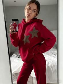 Áo nỉ dài tay dáng rộng in hình ngôi sao và da báo, thích hợp cho mùa thu/đông. Thiết kế tay raglan rộng, kiểu áo chui đầu, phù hợp cho đi chơi tối/mặc hàng ngày/công sở/ở nhà/dạo phố/du lịch/sân bay/ăn trưa. Trang phục nữ mùa thu, đồ mặc mùa thu, trang phục nữ mùa đông, đồ mặc mùa đông, trở lại trường học, dễ thương, áo dễ thương, Kawaii, phong cách Y2K, thời trang đường phố, trang phục giáo viên nữ, thời trang sân bay. - Màu Đỏ Sâu - Xem 4