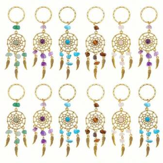 12pcs/Set Dreamcatcher Keychains With Gemstone Pendants And Metal Accessories - Multi-Color, Feather Keyring With Clasp, Suitable For All Year Round, Great Gift Choice - Alloy Material, Various Shapes