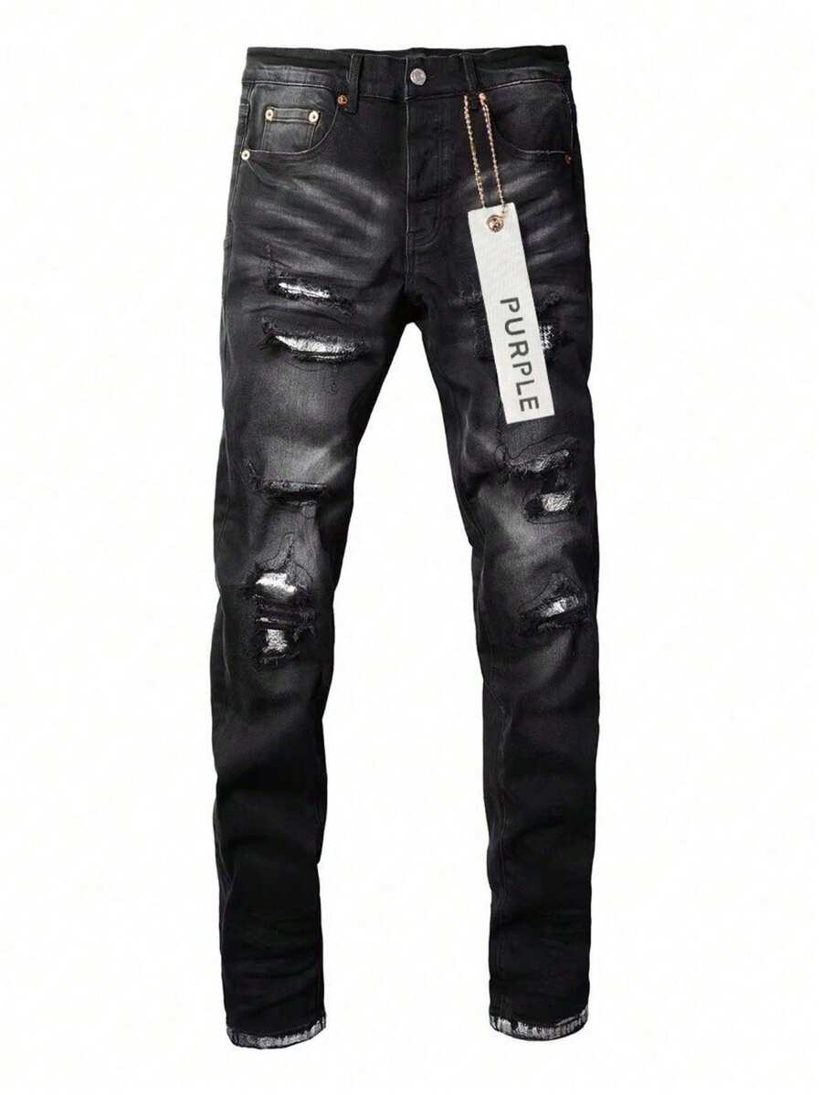 Men Plus Size Straight Leg Jeans Black Distressed Patchwork Stretch Skinny Fit Thanksgiving Day Christmas Fashion Autumn New Arrival European American Brand - màu đen - Xem 1