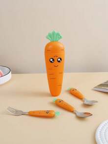 4pcs Plastic Handle Stainless Steel Cartoon Carrot Shaped Spoon & Fork Cutlery Set - Orange - View 4