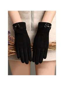 1 Pair Cute Bow Thermal Plush Gloves, Windproof Touch Screen Winter Outdoor Sports Gloves For Ladies, Fashion Warm Gloves For Women Cold Weather, Snow Thicken Cycling Gloves, Women's Wool Coldproof Warmth Glove, Suitable For Holiday Gifts, Gift Giving, Insulated Finger Gloves Halloween Valentine's Day - màu đen - Xem 12