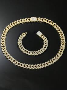 1 Set Men's 13mm Wide Hip Hop Style Fully Iced-Out Cuban Link Chain Necklace And Bracelet Set - Style a - View 1