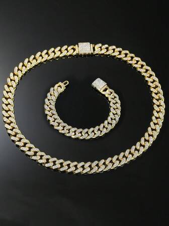 1 Set Cadena cubana y pulsera de estilo hip hop de 13 mm de ancho completamente cubierta de hielo para hombres