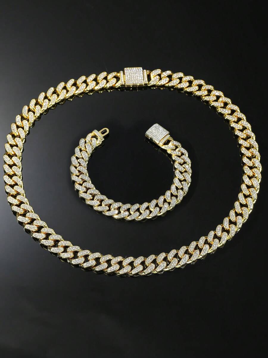 1 Set Men's 13mm Wide Hip Hop Style Fully Iced-Out Cuban Link Chain Necklace And Bracelet Set - Style a - View 1
