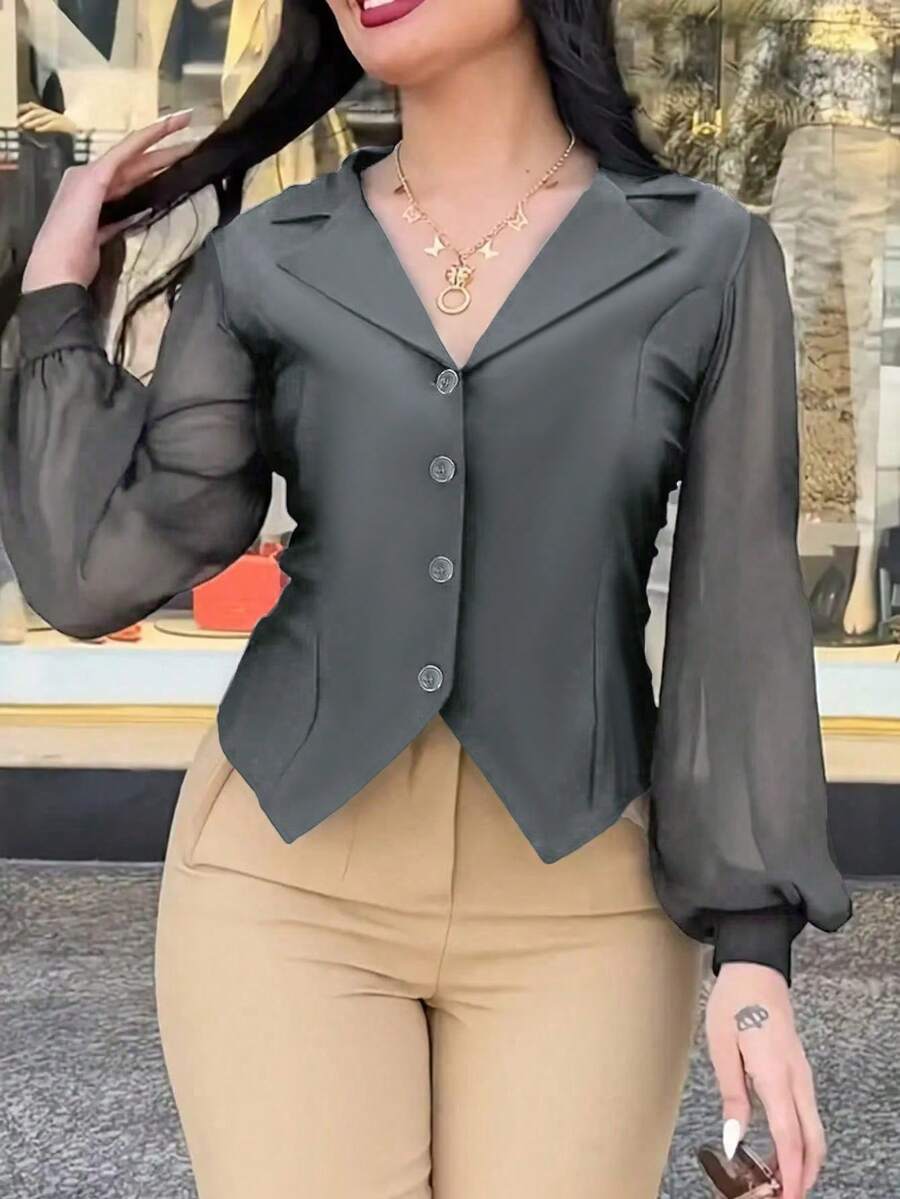 Camisa de moda de mujer de unicolor con mangas farol, cuello de solapa y abotonadura sencilla, para primavera - Gris medianoche - Ver 1