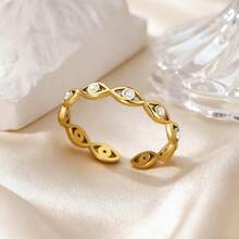 1枚复古绿色锆石邪眼戒指，女士不锈钢18K镀金竹骨戒指，低过敏防水首饰，圣诞节、生日、新年礼物