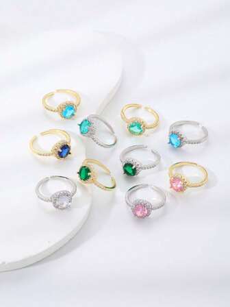 1pc Minimalist Colorful Oval Zirconia Inlaid Open Ring, Versatile For Casual And Holiday Wear