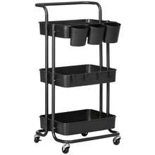 HOMCOM Serving Cart With Wheels And 3 Shelves, Storage Baskets, Kitchen Cart With Hooks, Storage Cart, Utility Cart For Kitchen, Living Room, Steel, Black