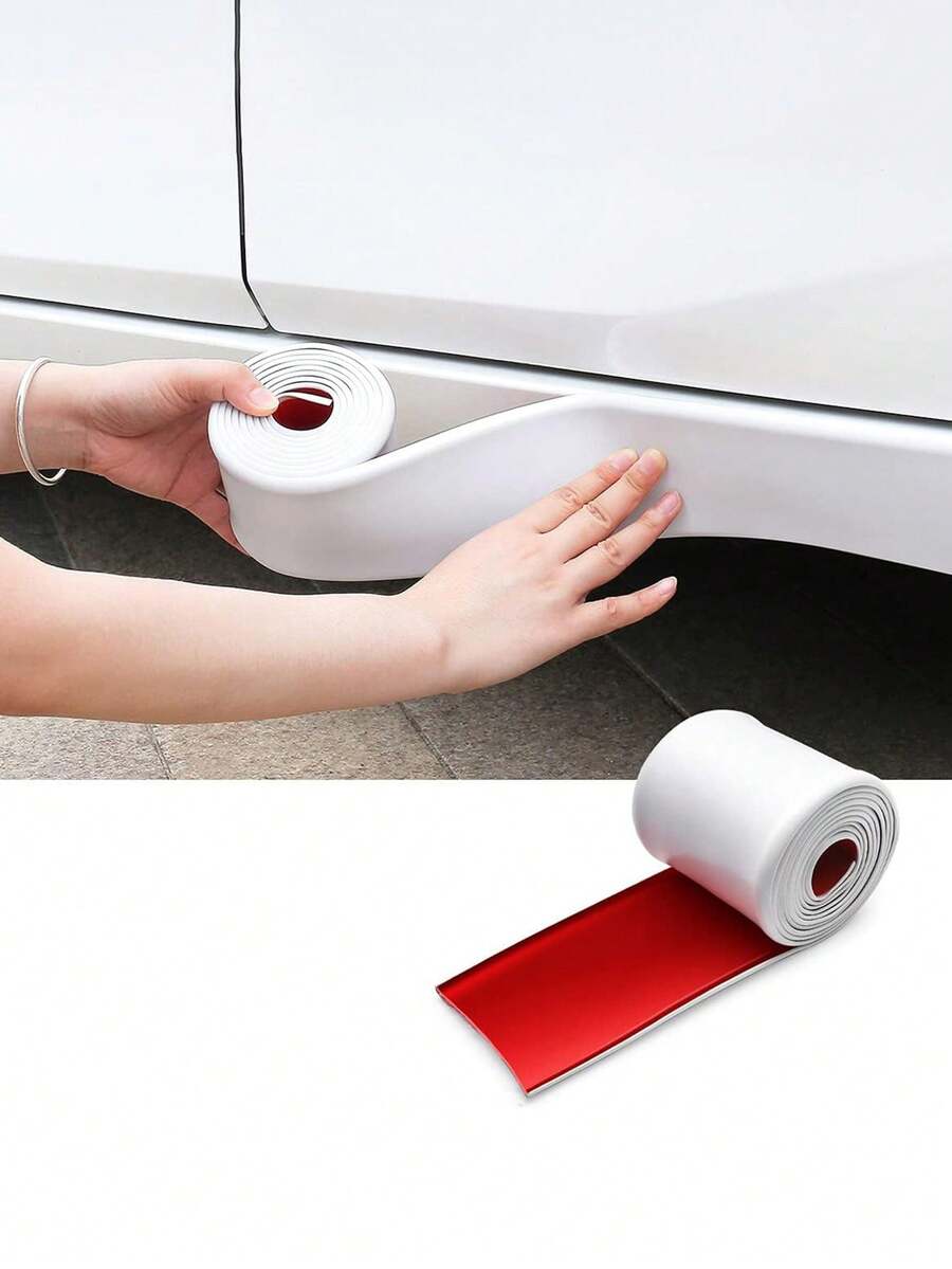 1pc White/Beige Rubber Car Side Skirt Scratch Protector, Universal Fit Side Edge Bumper Guard - White - View 1