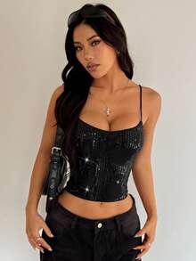 女士纯色极简亮片装饰吊带背心，时尚性感亮片抹胸上衣，黑色夏季款 - 黑色 - 查看 10