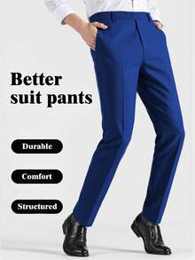 男士简约西装裤，适合工作通勤、休闲、商务旅行、新年假期、男士度假穿着，男友风商务休闲裤，修身西装裤，宽松简约，尺码 XS-3XL - 寶藍色 - 查看 2