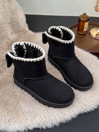 Women's Winter Simple Bow Cute Plush Thick Snow Boots, Pleated Ruffle/Frill Trim, Indoor/Outdoor Black Short Boots, Ideal Christmas Gift
