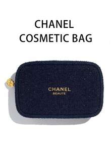 CHANEL 海军蓝斜纹软呢化妆包，带金色Logo和金色山茶花拉链的拉链化妆袋，奢华美妆包 - 藏蓝色 - 查看 3