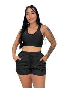 Kit 2 Shorts Feminino Dry Fit com 2 Bolsos Confortável Esportivo Academia Corrida - 2 Pretos - 2 Shorts Pretos - Visão 1