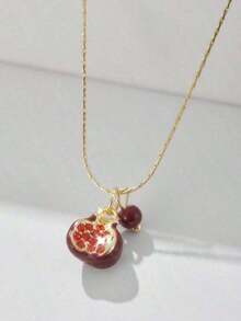 1pc Vintage Style Pomegranate Pendant Necklace, Fashion Elegant Collarbone Chain Bridal Fashion Accessories, Women'S Dating Party Jewellery, Gift - 彩色 - 查看 4