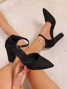 Women's Fashion New Thick Heel Strap Adjustable Buckle Commuting Work Sandals, Simple Elegant Formal Business Closed Toe High Heels, Suitable For All Seasons - Black - View 5