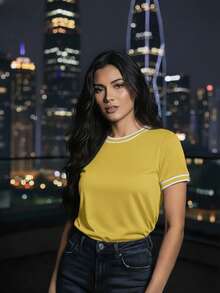 Women's Short-Sleeve Ribbed Blouse, Plain, Round Neck With Collar And Sleeve Details, Elegant Basic Style - Yellow - View 3