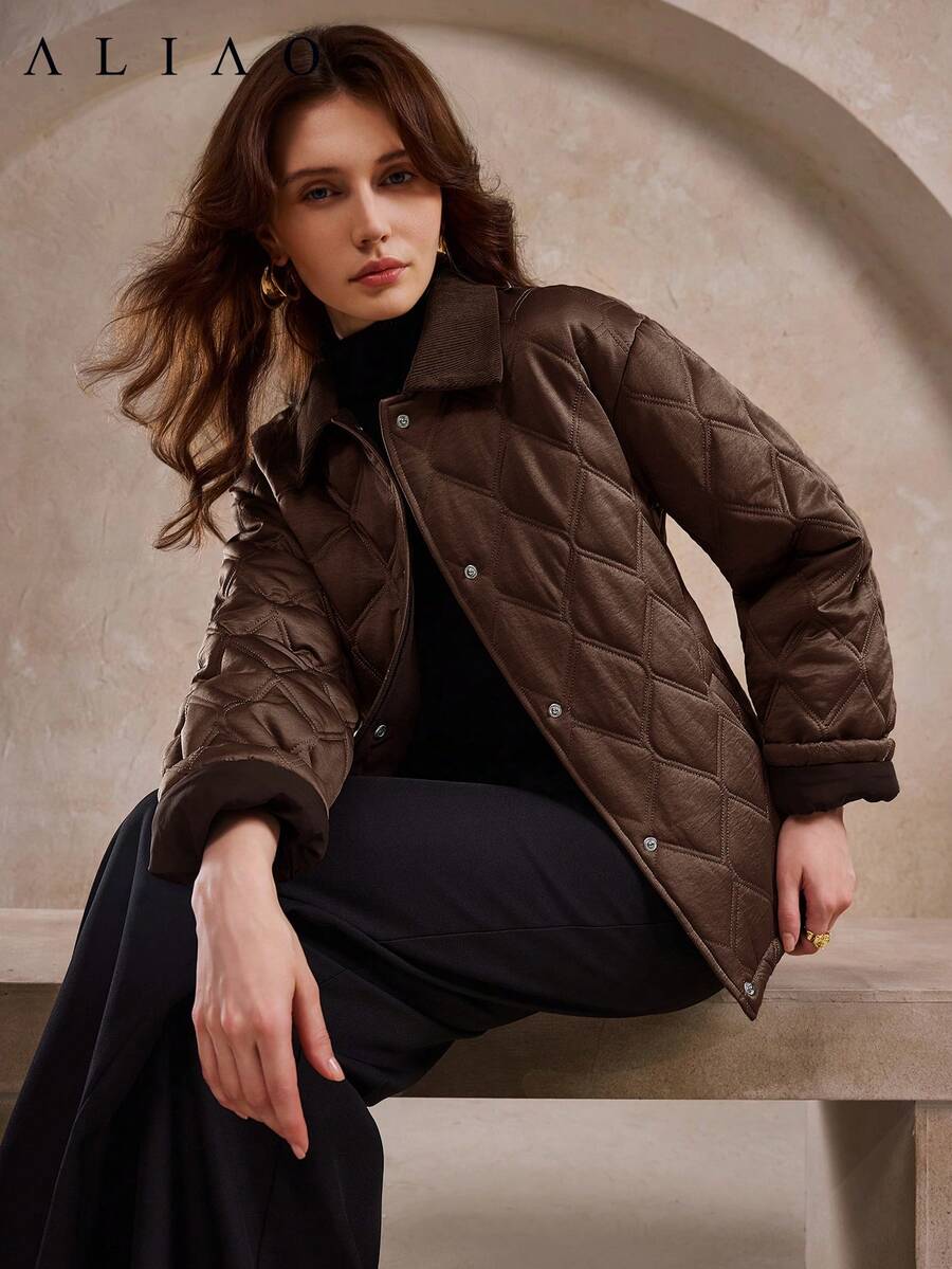 Aliao 优雅菱格纹绗缝夹克，带口袋，冬季外套，防风衣，秋季服装，新年装，商务休闲女装，端庄优雅 - 深咖 - 查看 1