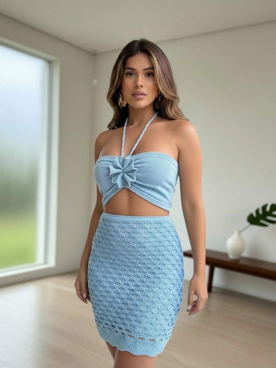 Modal Knit Cropped Top And Short Skirt Set - Elegant Summer Fashion - Baby Blue - View 1