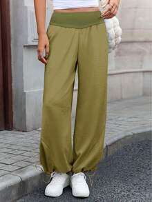 Womens Athletic Wide Leg Track Pants High Waist Drawstring Cuffs Loose Fit Workout Jogger Outdoor Lounge Pants With Pockets - xanh quân đội - Xem 2