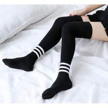 Women Thigh High Socks Cotton Warm Over The Knee High Leg Warmers Long Boot Socks With Stripes,28433036 - 黑色 - 查看 2