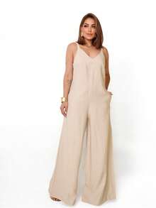 Women's Sleeveless Jumpsuit With A V-Neck, Pockets, And Open Back, Made From Woven Fabric. - Màu be - Xem 2