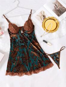 2pcs New 3D Embroidered Lace Patchwork Sheer Sexy Lingerie Set - Camisole And Panty - Olive Green - View 10