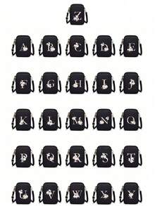 1pc Fashion Elegant Minimalist A-Z Letter & Floral Pattern Nylon Zipper Closure Mini Crossbody Bag. Vertical Design With Coin Purse And Phone Pocket. Suitable For Daily Use Or Student Gift - Black - View 3