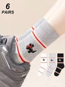 6 Pairs Women's Warm Fuzzy Crew Socks, Simple & Comfortable, Puppy Jacquard Fashion Collegiate Style Unisex Winter Long Socks