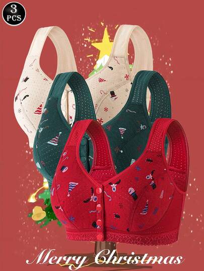 3pcs Christmas Element Printed Bras, Elegant Minimalist Front Closure Wireless Bras, Women Lingerie