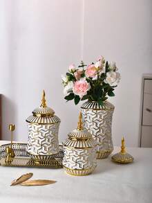 1pc Ceramic Vase Decor, Gold Electroplated Ceramic Jar, Modern Luxury Home Decoration, Suitable For Living Room, Bedroom And Other Scenes