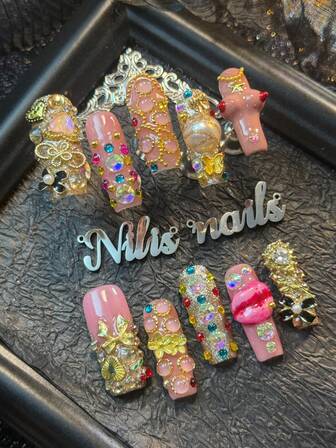 10pcs Long Square Nail Set, Handmade Nail ArtStickers,3D Three-Dimensional Nail Rhinestone Steel Ball Accessories, Colorful Shiny Nail Gems, Light Pink&Champagne Sparkling French Tip Nails Y2k Style Wearable NailArt Set Handmade Carving Bikini&Lip Design 3D Bead Design Suitable For Women To WearDaily Parties (With: A Piece Of JellyGlue And A Friction Strip) Nail SuppliesNails