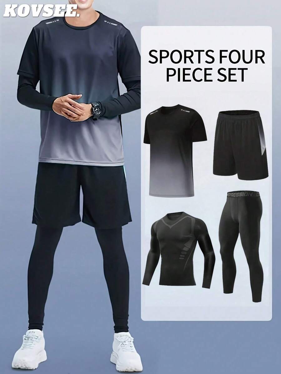 KOVSEE 4PCS Men's Fall And Winter Outdoor Sports Running Basketball Soccer Night Running Jerseys Quick Dry Breathable Sportswear Fitness 4 Piece Set - Light Grey - View 1