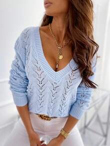 Women Regular Fit Long Sleeve Knitwear Pullover Sweater With Hollow Out Details And V Neckline